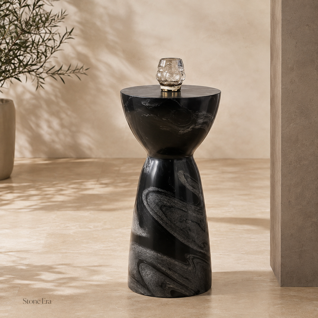 Black natural stone pedestal table