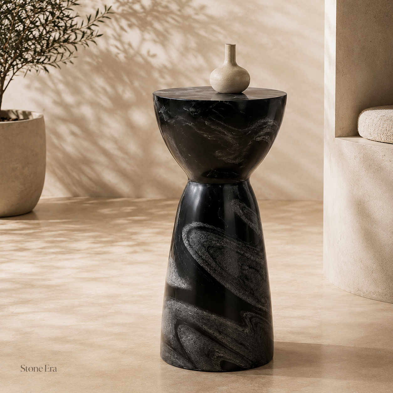 Black Natural Stone Pedestal Side Table