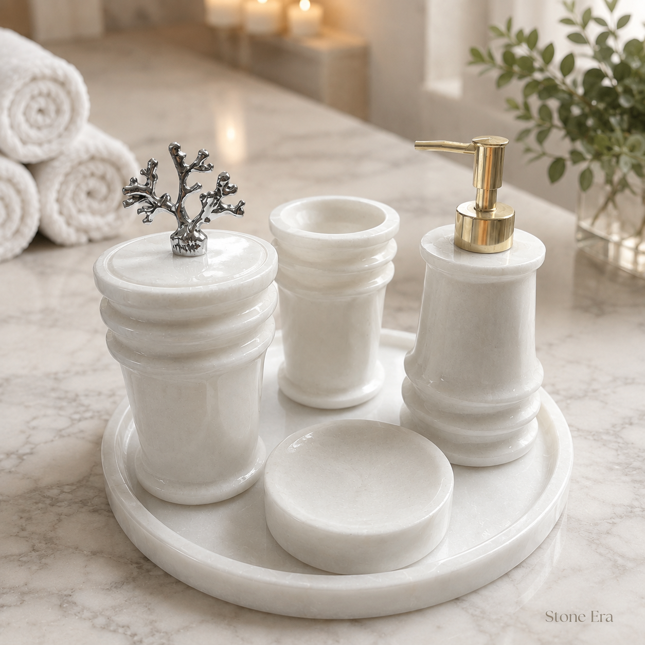 White Marble Bathroom Accessory Set
