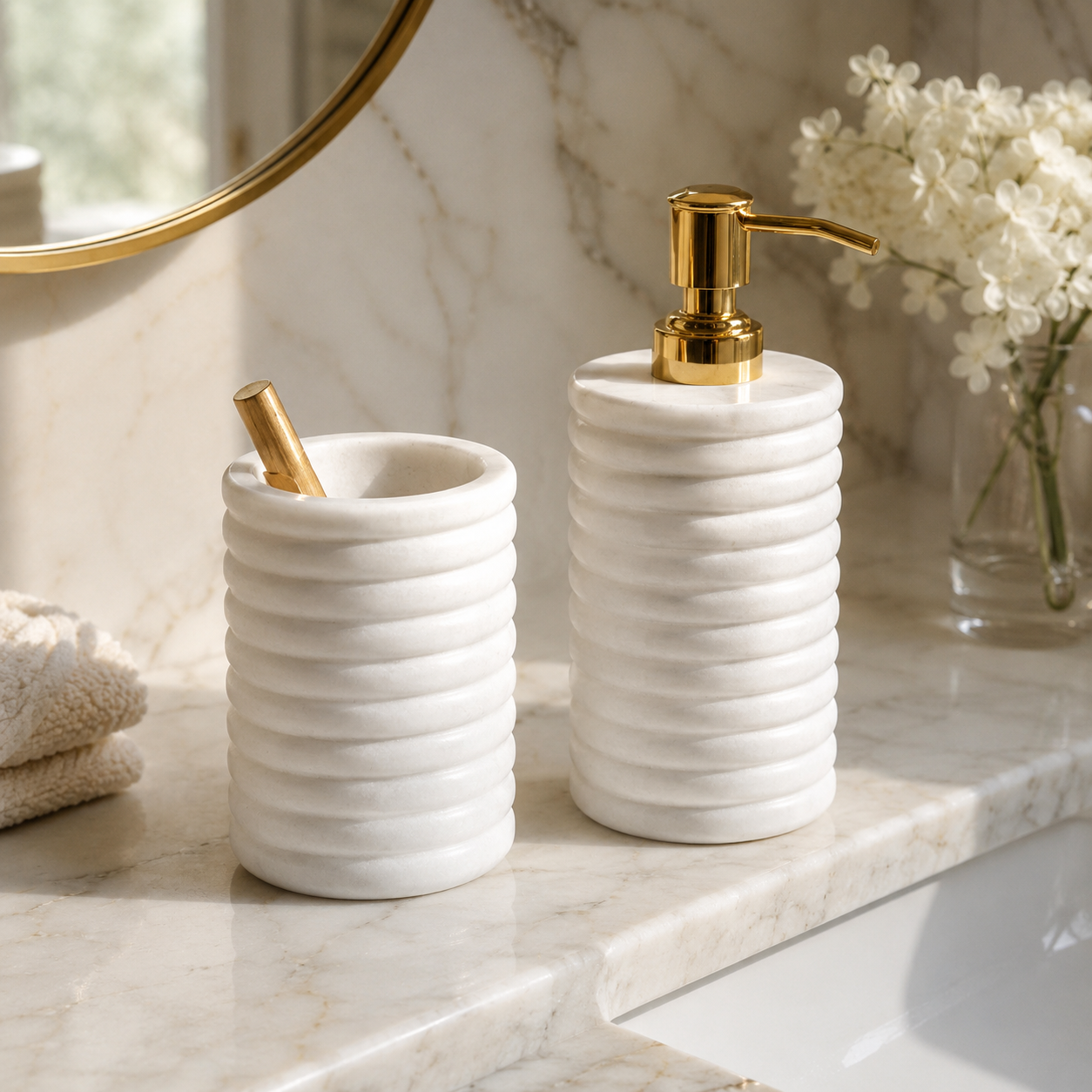 White Marble Dispenser & Tumbler Set