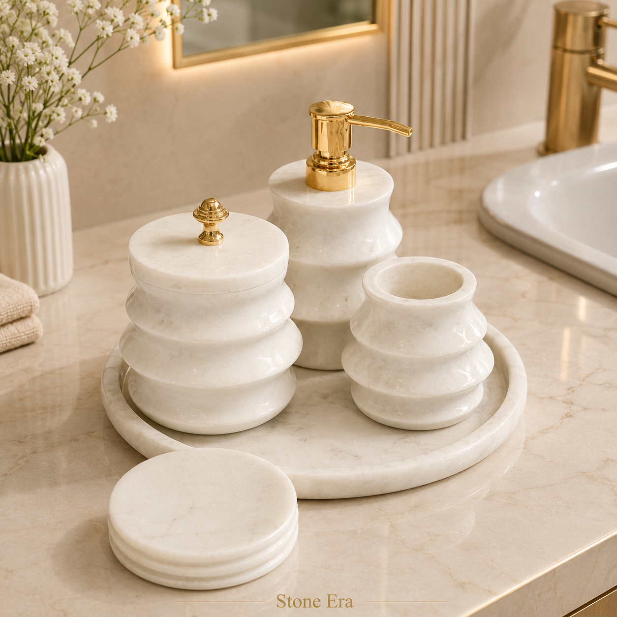 White Marble Bathroom Accessory Set