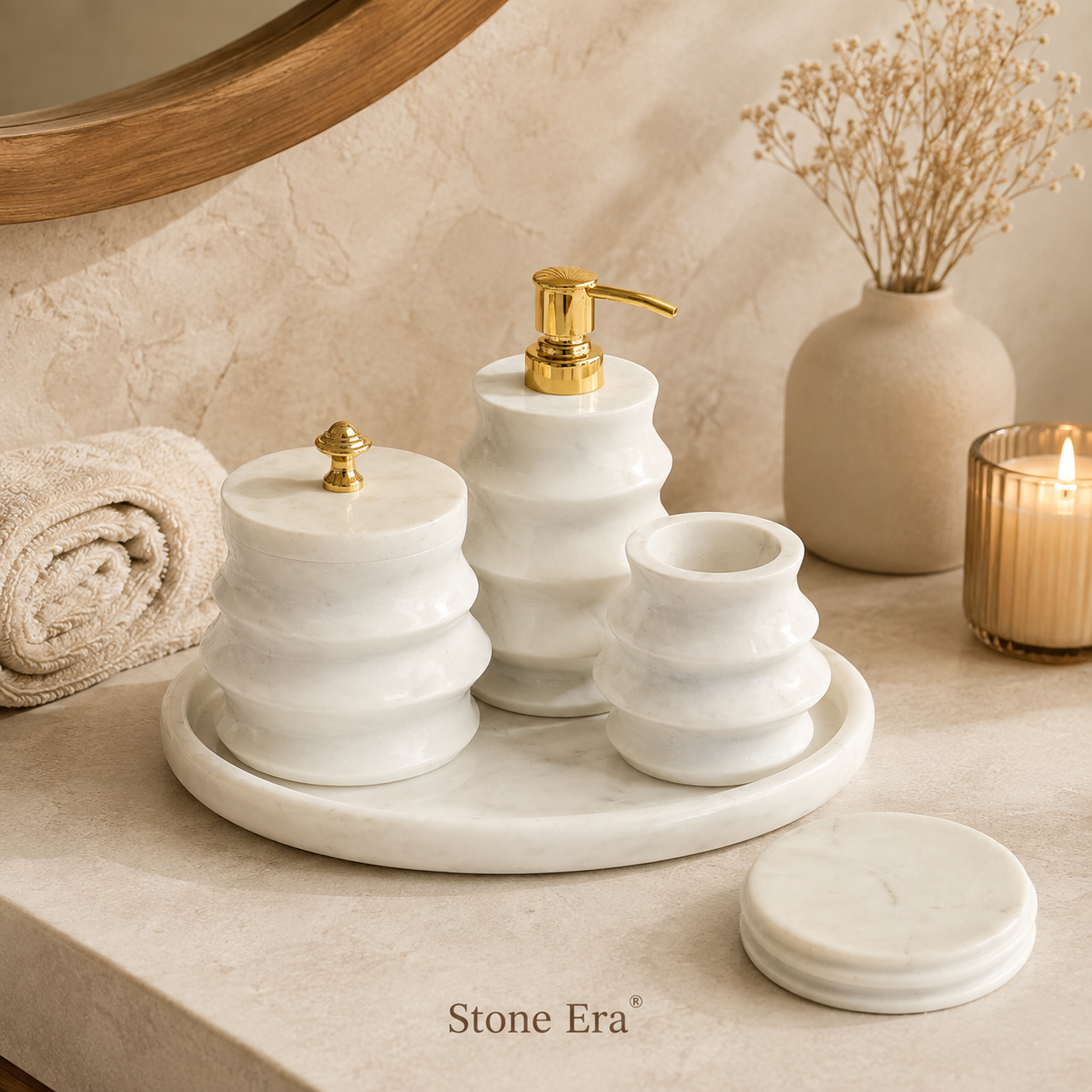 Sculptural White Marble Bathroom Accessory Set