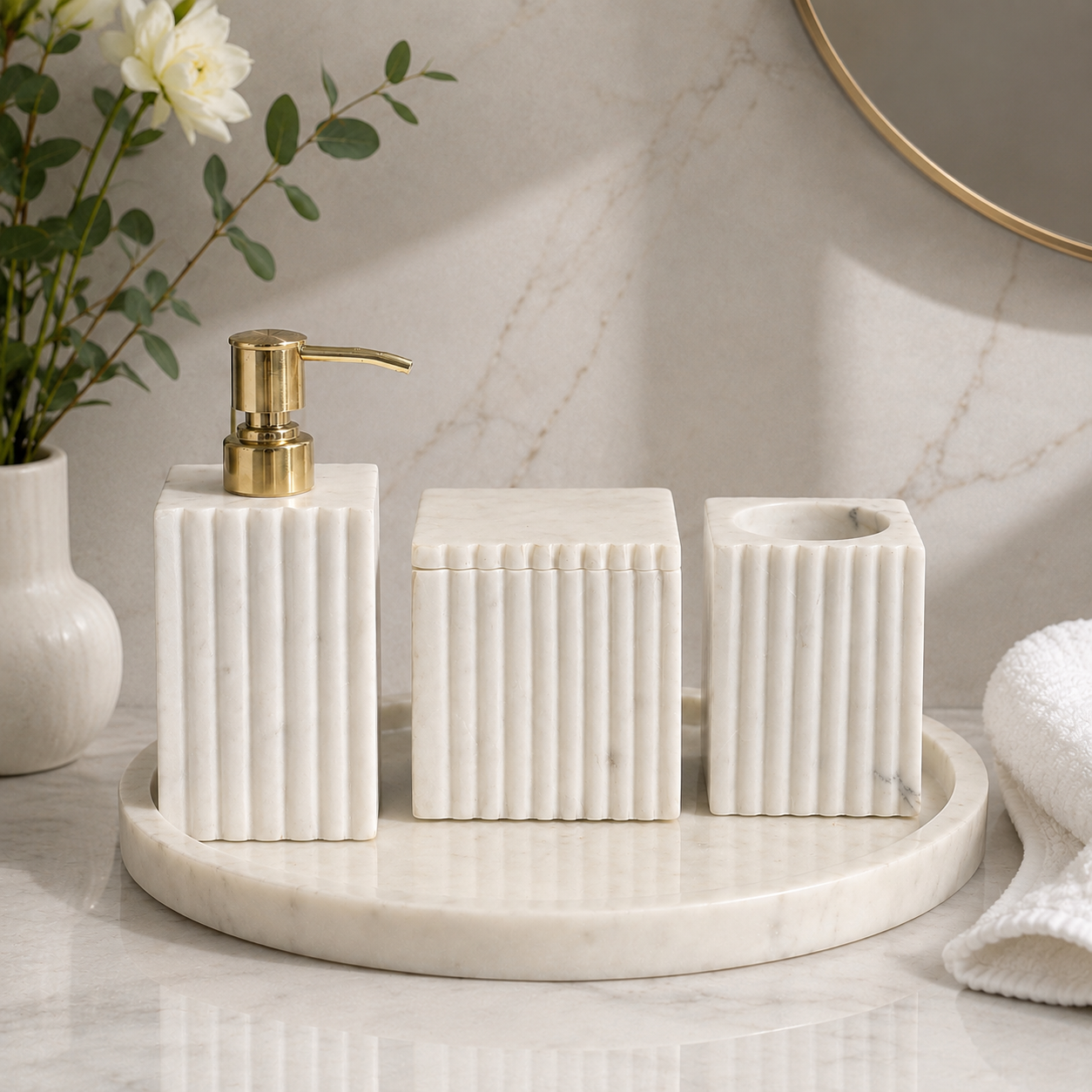Fluted White Marble Bathroom Accessory Set