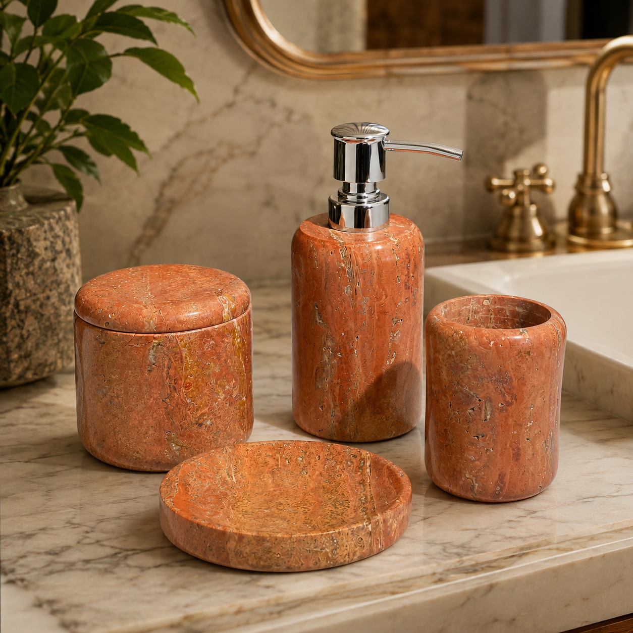 Red Travertine Bathroom Accessory Set