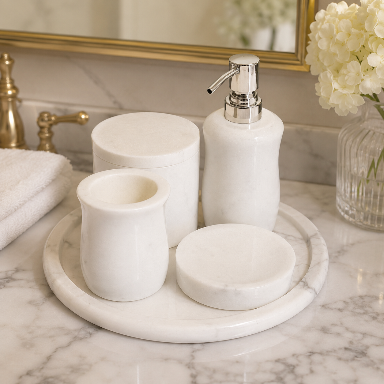 White Marble Bathroom Accessory Set – Lifestyle View