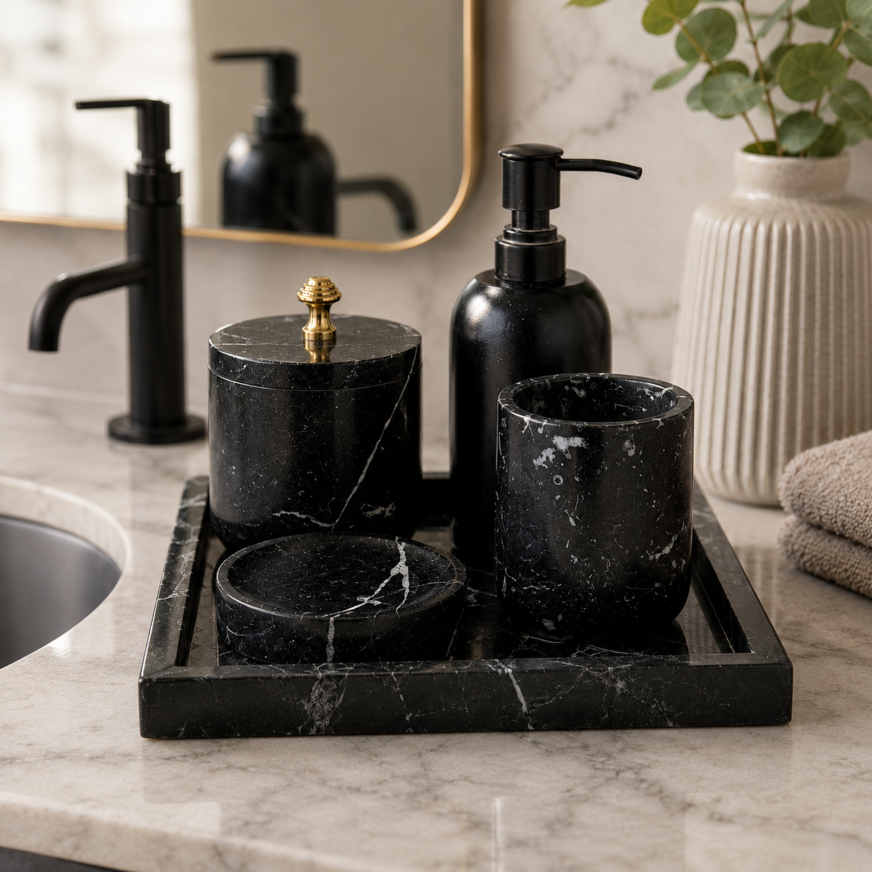 Black Natural Stone Bathroom Accessory Set