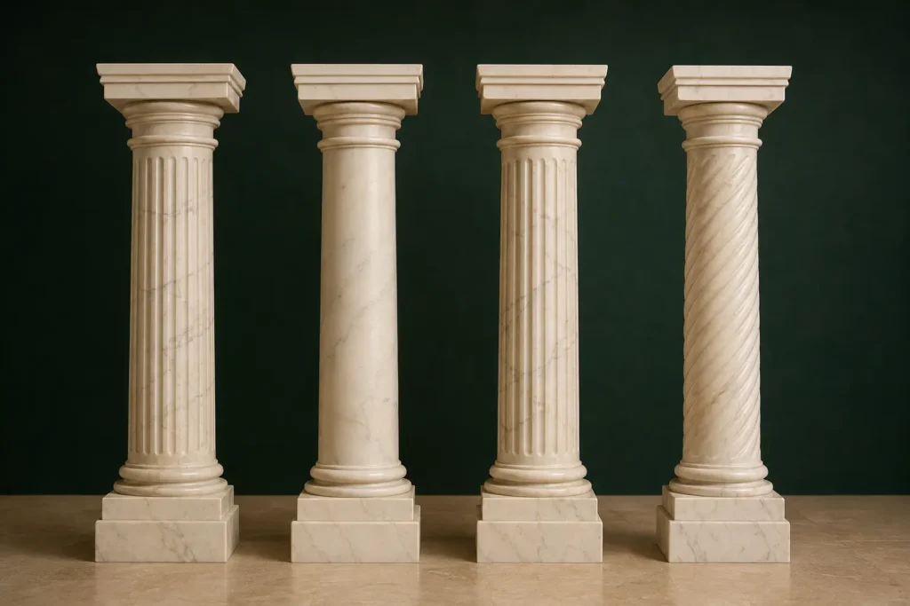 Four marble pillars representing Stone Era responsible business compliance
